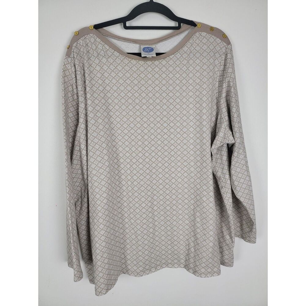 DG2 By Diane Gilman Long Sleeve Top 3X Womens Plus Size Brown White Pullover
